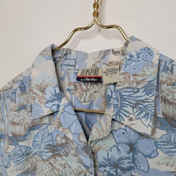 Vintage BLASSPORT Cotton Hawaiian Shirt Size L Camp Cotton Retro Blue Aloha - Picture 5 of 8